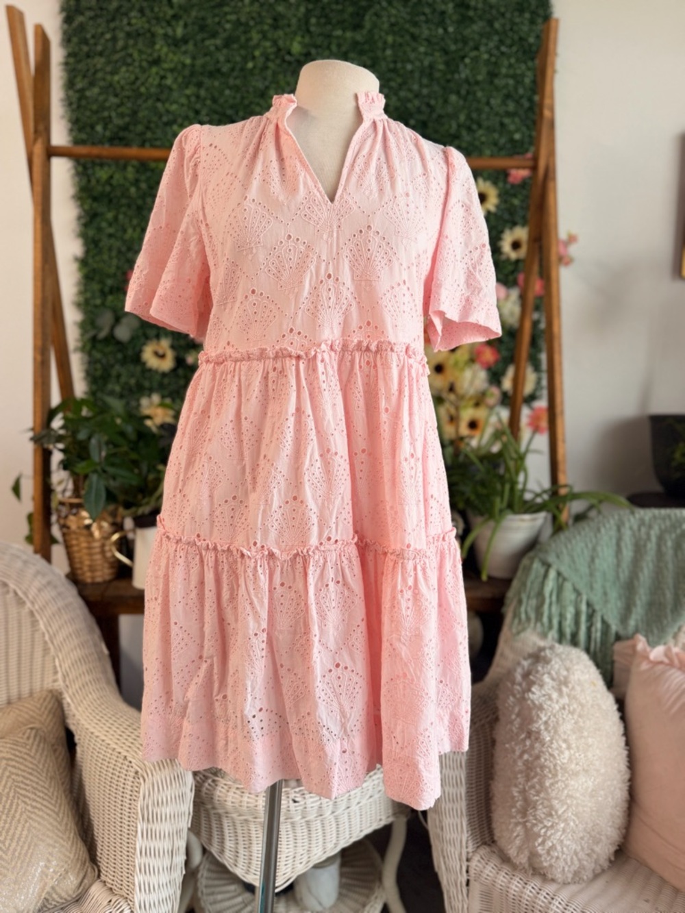 crown & ivy Light Pink Eyelet Ruffled Mini Dress